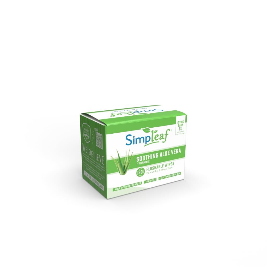 Simpleaf Flushable Aloe Vera Single Pack Wet Wipes|Eco-Friendly Paraben & Alcohol Free | Hypoallergenic & Safe for Sensitive Skin | Soothing Aloe Vera Formula | (30 Single Pack Wipes)