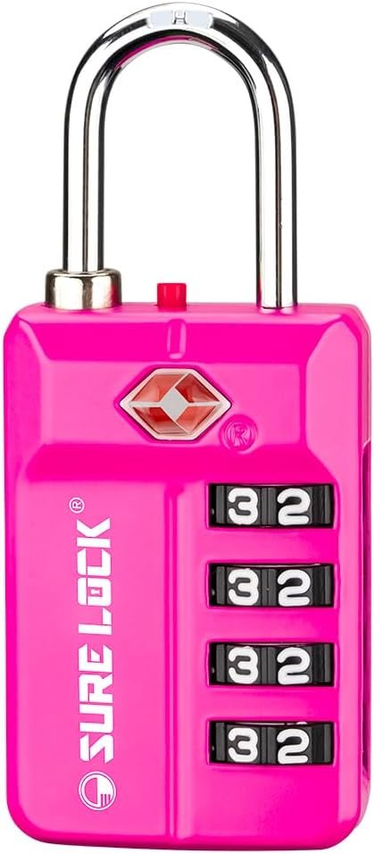 SURE LOCK TSA Approved 4-Digit Luggage Lock, Resettable Combination, Red Dot Open-Alert (Resets Only with Code), Easy-Read Black/White Dials, Hardened Shackle, Zinc Alloy (Pink 1 Pack)
