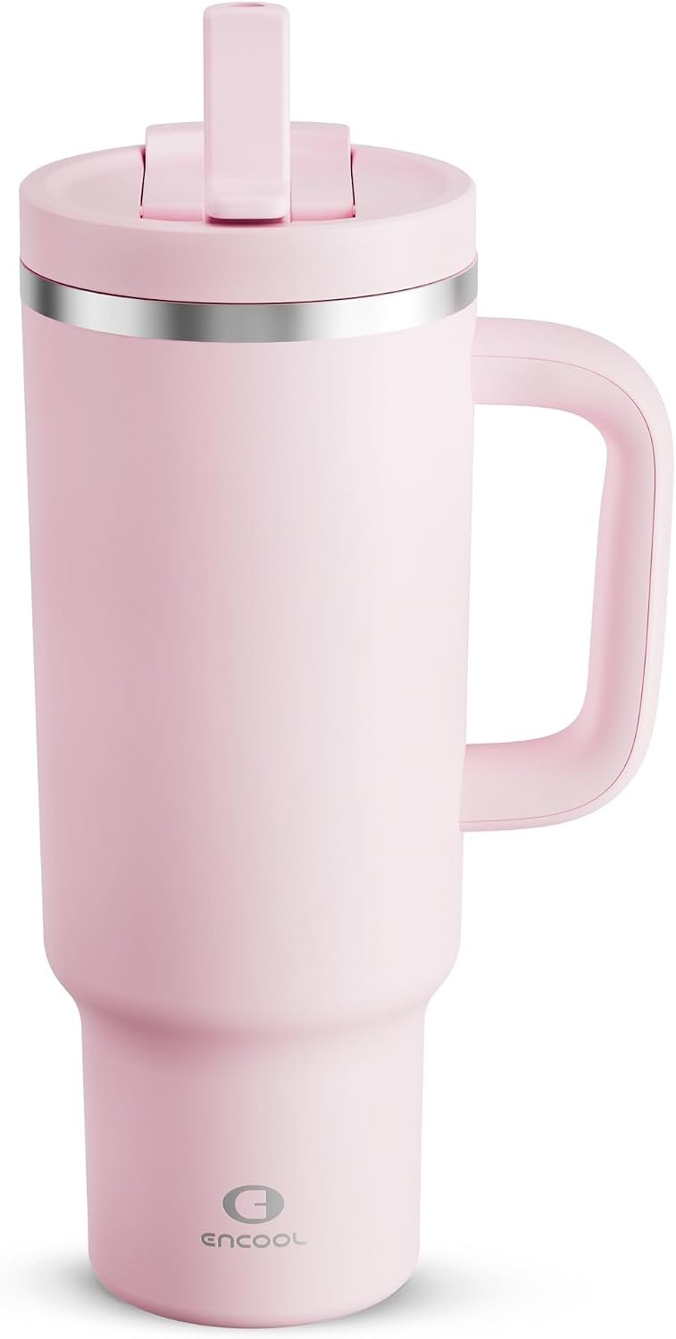 ENCOOL 40 oz Tumbler with Handle and Straw: Stainless Steel Insulated Tumbler Keeps Cold for 24 Hours, Leakproof Travel Cup Fits in Cup Holder and BPA-Free, Cotton Candy