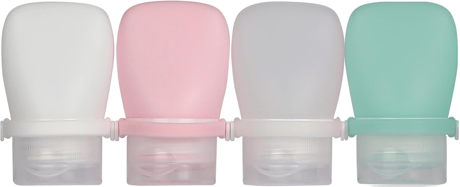 1oz Travel Bottles for Toiletries, Silicone Leak-Proof TSA Approved Travel Size Containers (4-Pack) – Reusable Refillable Bottles for Shampoo, Body Wash, Lotion (#1Whtie Clear Green Pink)