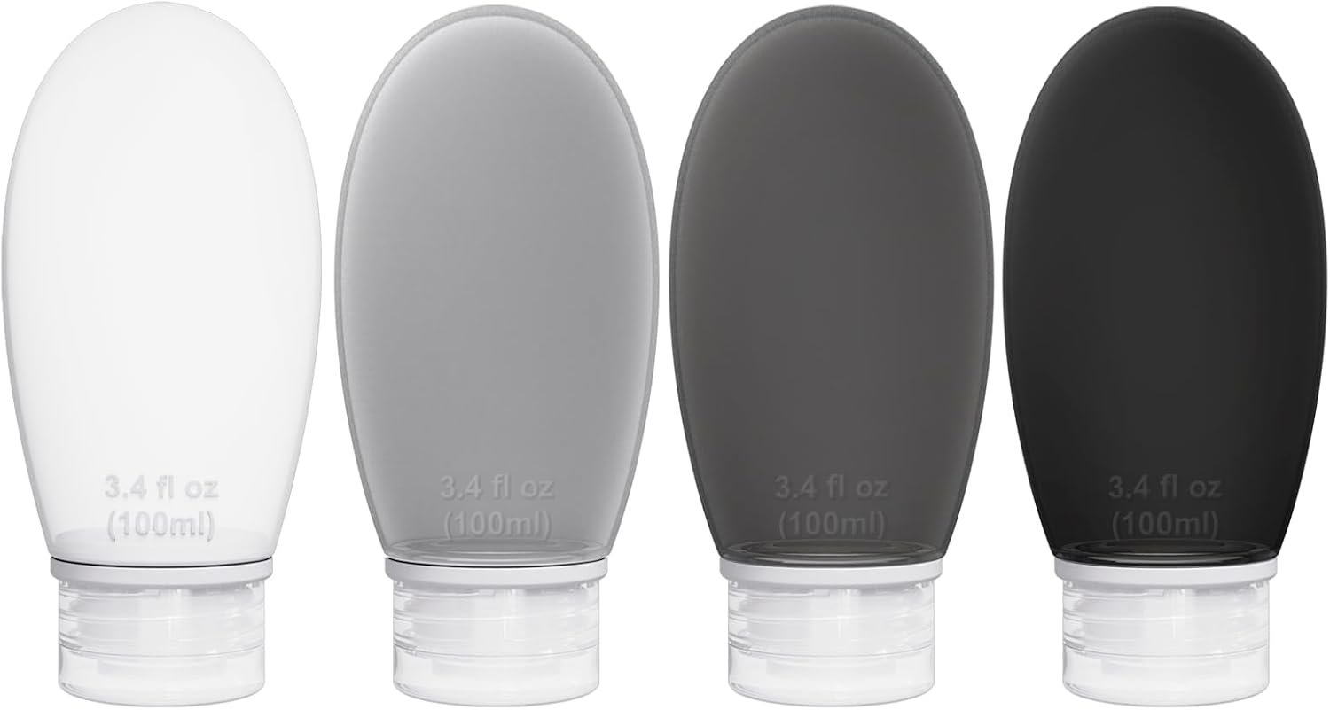 Silicone Travel Bottles for Toiletries TSA Approved Travel Size Containers Set 4 Pack Portable Leak Proof Refillable Cosmetic Squeeze Bottles Shampoo Hair Conditioner Body Lotion Bath Shower Gel