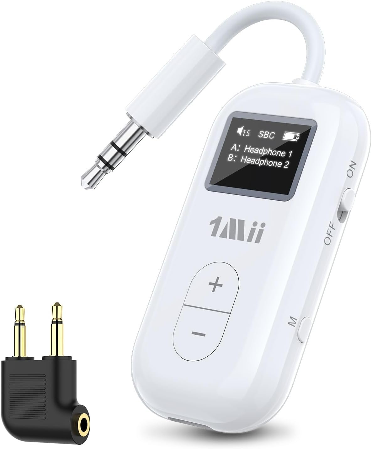 1Mii SafeFly Dual | Airplane Bluetooth Adapter for AirPods or Headphones, Bluetooth Transmitter with Screen, Volume Control, aptX Adaptive & HD, 3.5mm Aux Audio Jack for Airplane, Travel Flight