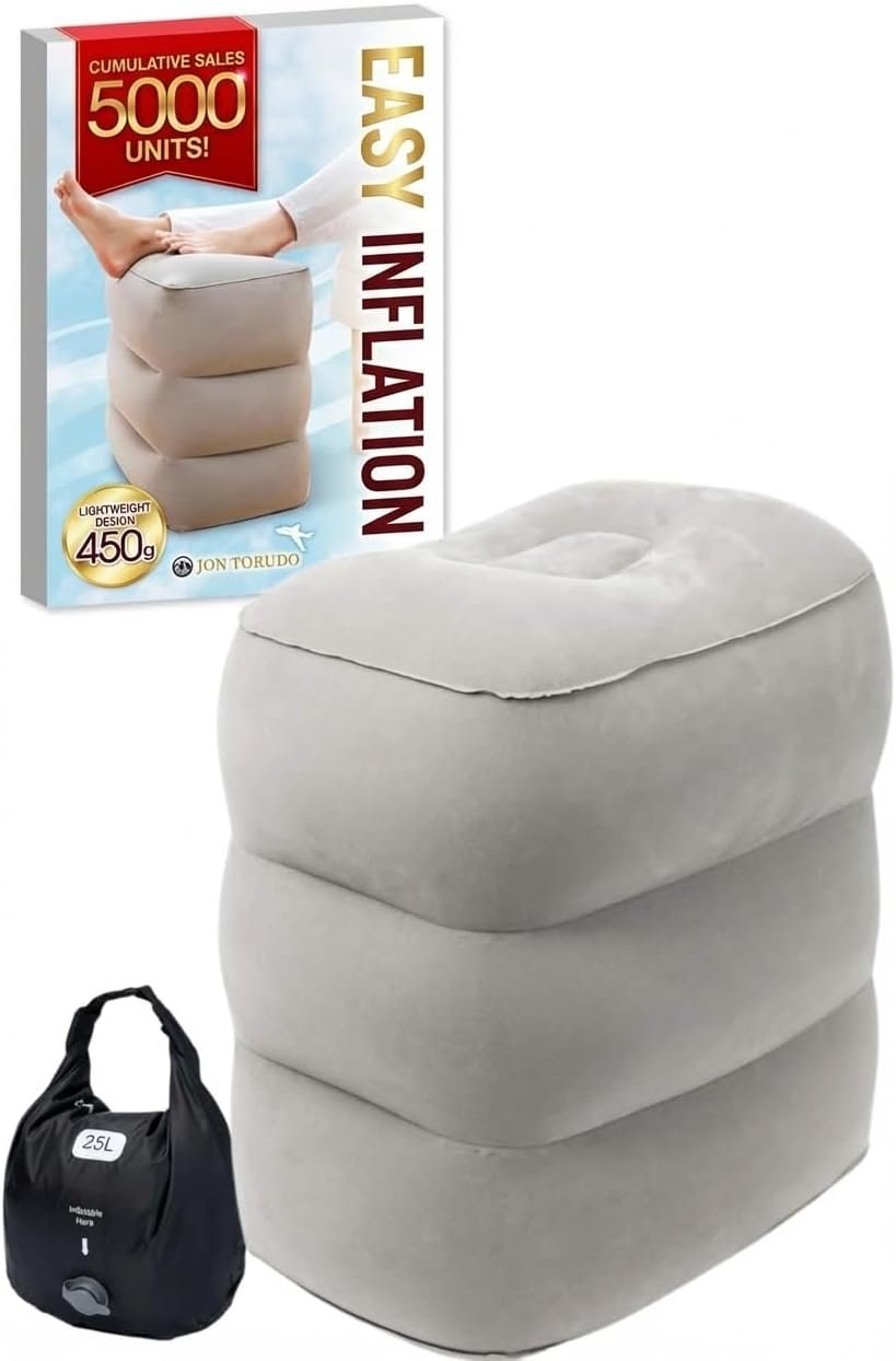 Inflatable Foot Rest for Airplane Travel – Adjustable Height Leg Pillow for Long Flights – Portable Travel Footstool with Pump-Free Inflation Bag – Car & Office Leg Rest Essentials
