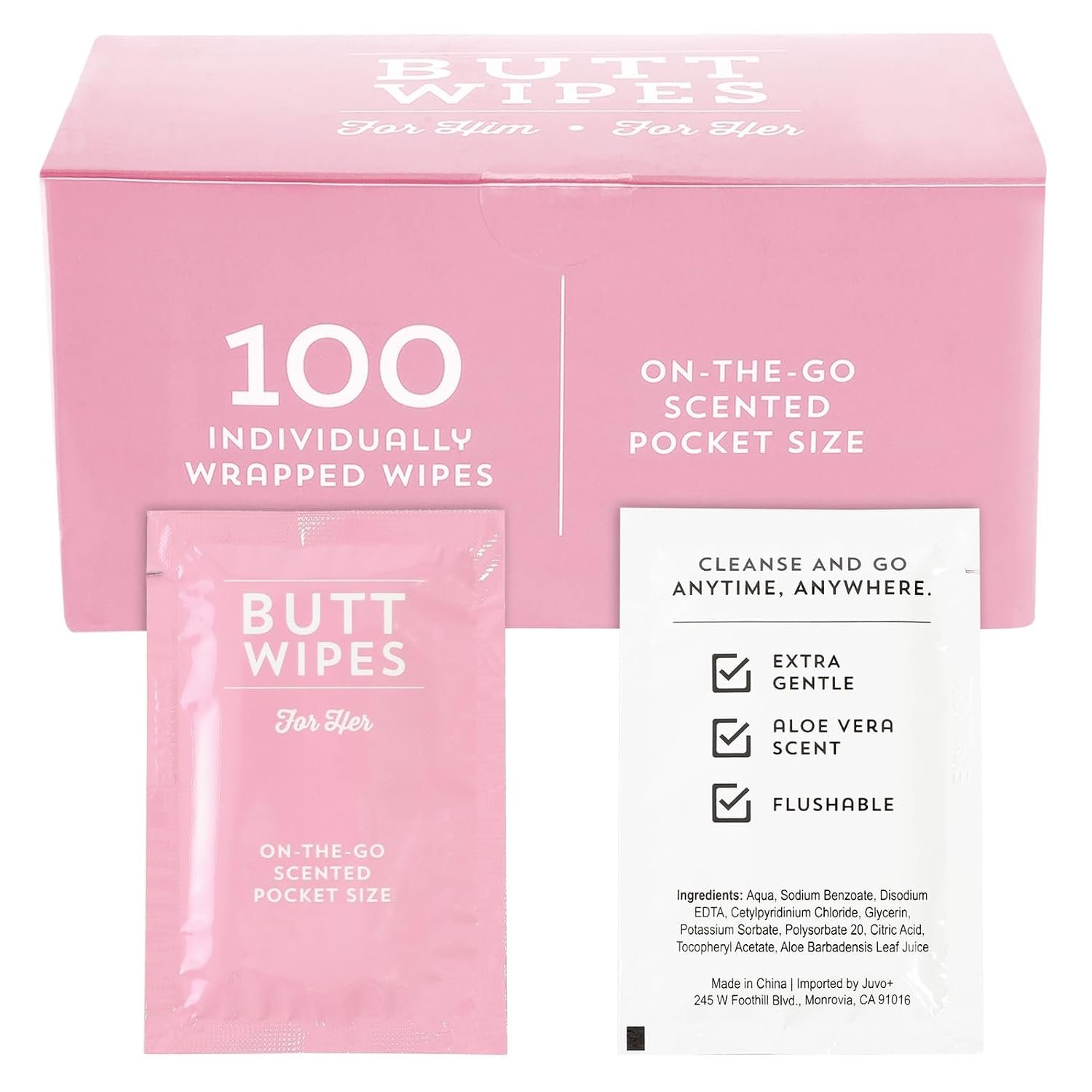 BLUE PANDA Flushable Wet Travel Wipes – 100 Pack Individually Wrapped Wipe Packets for Adults On-the-Go – Bulk Aloe Vera Scented Toiletries & Purse Essentials – Pink