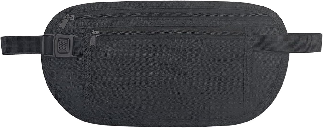 FuninCrea Money Belt, Nylon Fanny Pack Hidden Belt Bag with RFID Blocking for Women Men, Anti-theft Waist Pack Under Clothes with Adjustable Buckle for Travel, Running, Hiking, Cycling (black)