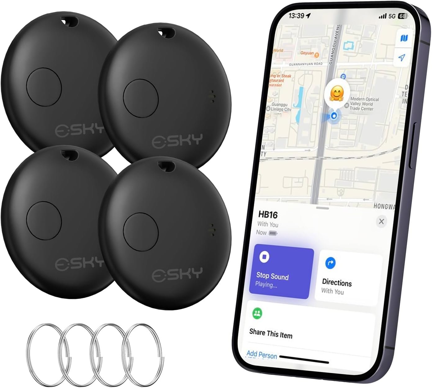 Esky Air Tracker Tags-4 Pack, Bluetooth Smart Luggage Tracker Works with Apple Find My APP (iOS Only, Not for Android), Key Finder and Item Locator for Luggage, Backpack, Suitcases, Wallet