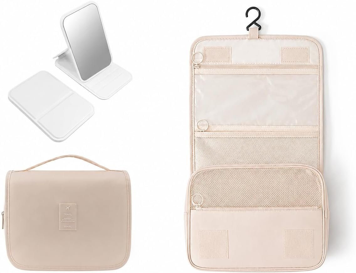 Travel Makeup Bag with Mirror, Large Capacity Cosmetic Bag for Women, Waterproof Makeup Organizer, Portable Toiletry Bag for Skincare, Brushes & Travel Essentials-Beige