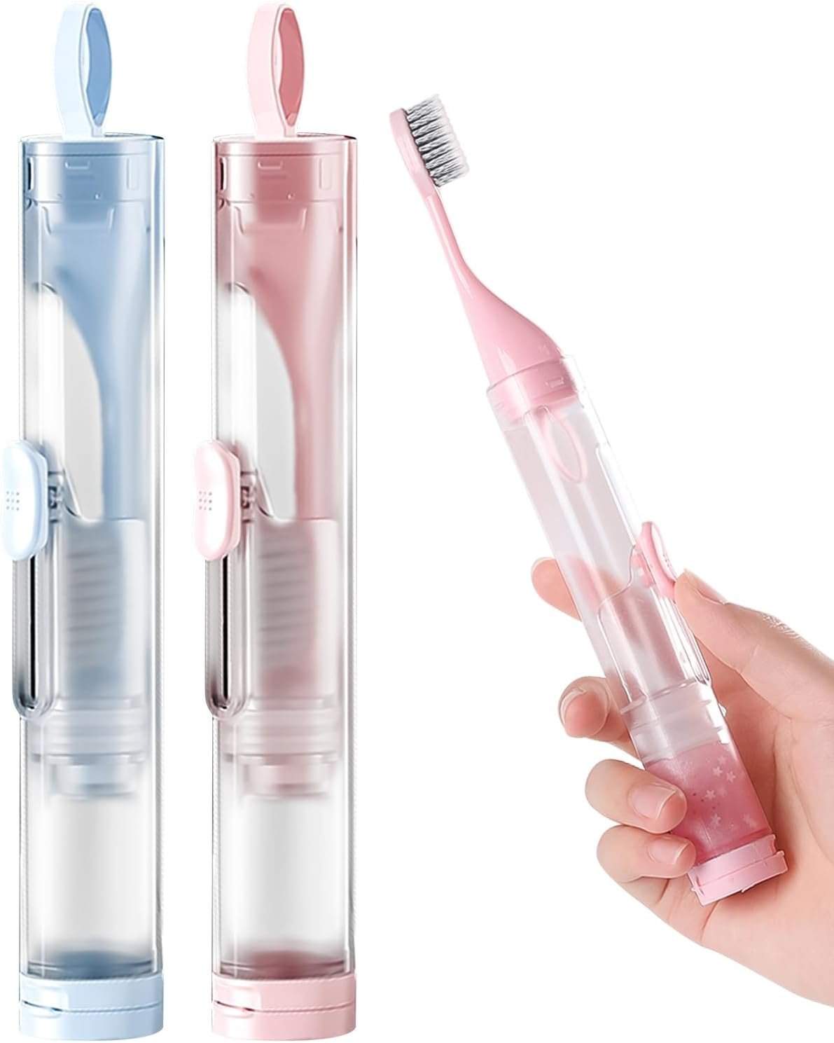 2 Pcs Travel Toothbrush Kit Fold Built-in Set, Soft Bristles for Travel Camping School Business Trip Essential (Blue, Pink)