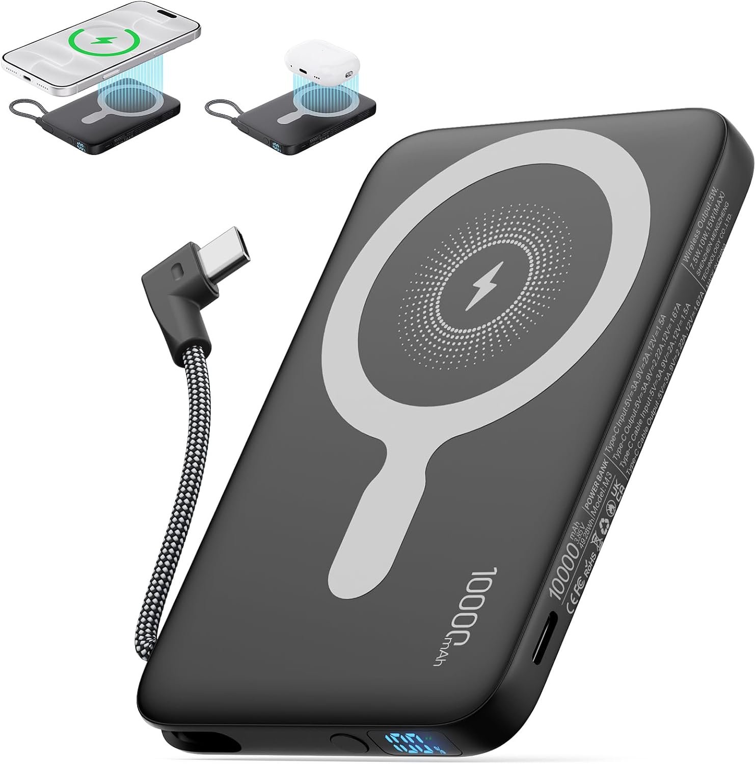 2026 Updated M3 Ultra Slim 0.4” Wireless Power Bank with Built in Cable