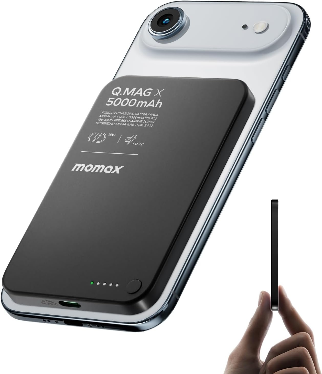 MOMAX Magnetic Wireless Power Bank 5000mAh, Ultra-Slim 0.3″ MagSafe-Compatible Portable Charger, 20W USB-C PD Fast Charging, for iPhone 17/16/15/14/13/12 Series, Samsung Galaxy & Google Pixel