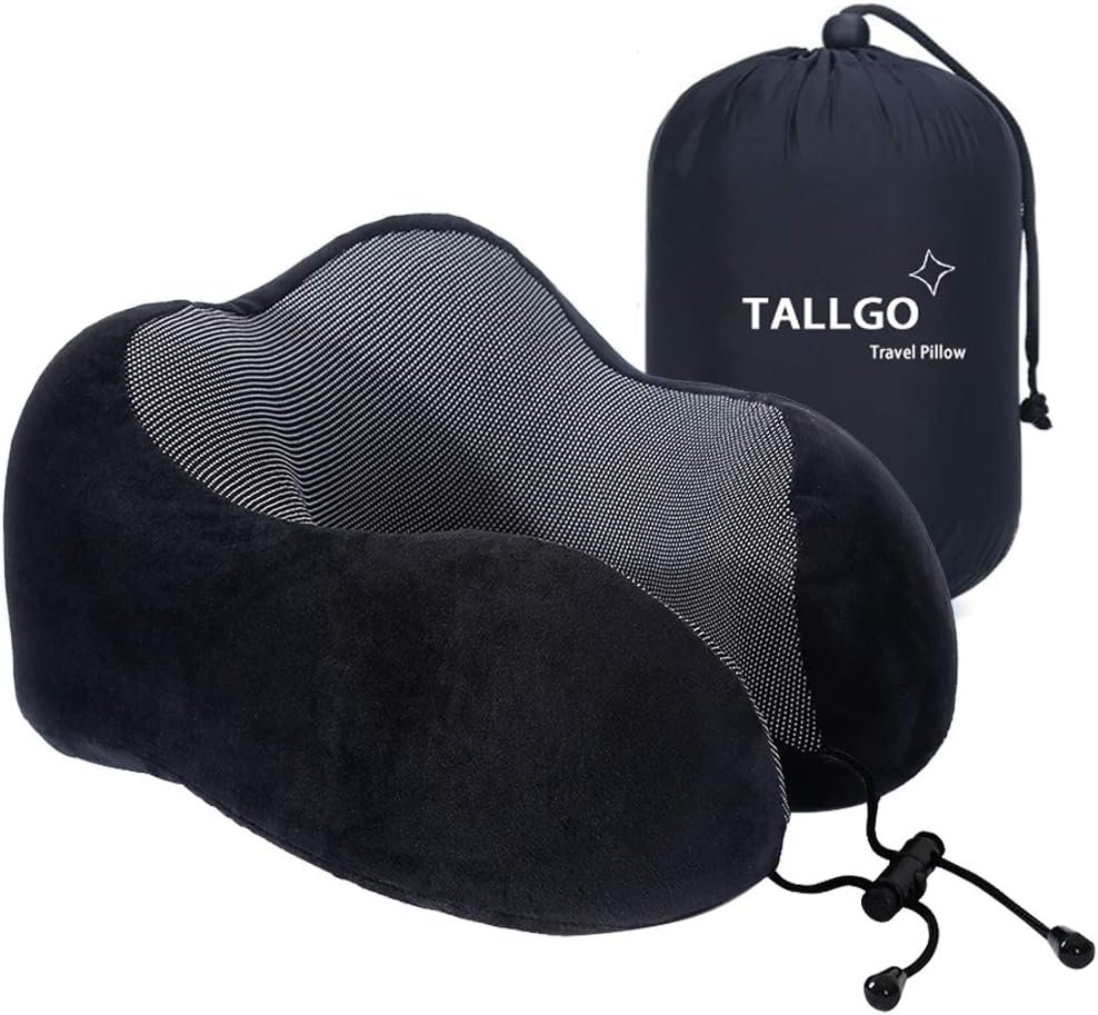 TALLGO Travel Pillow, Best Memory Foam Neck Pillow Head Support Soft Pillow for Sleeping Rest, Airplane Car & Home Use (Black)