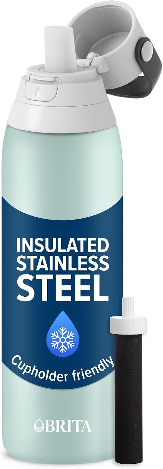 Brita Stainless Steel Premium Filtering Water Bottle, BPA-Free, Reusable, Insulated, Replaces 300 Plastic Water Bottles, Filter Lasts 2 Months or 40 Gallons, Includes 1 Filter, Glacier – 20 oz
