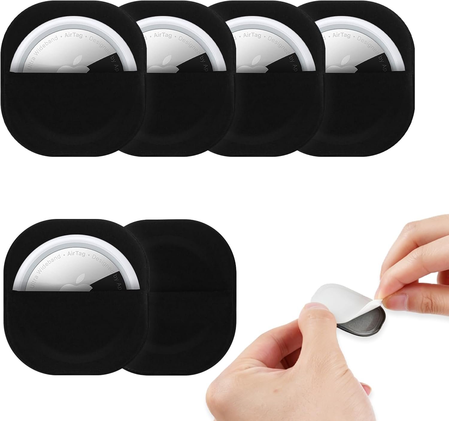for Airtag Fabric Pouch, Hidden 6 Pack for Airtag Holder, Sticky Protective Sleeve Compatible with Air tag for Luggage, Backpack, TV Remote & Daily Use (Black)