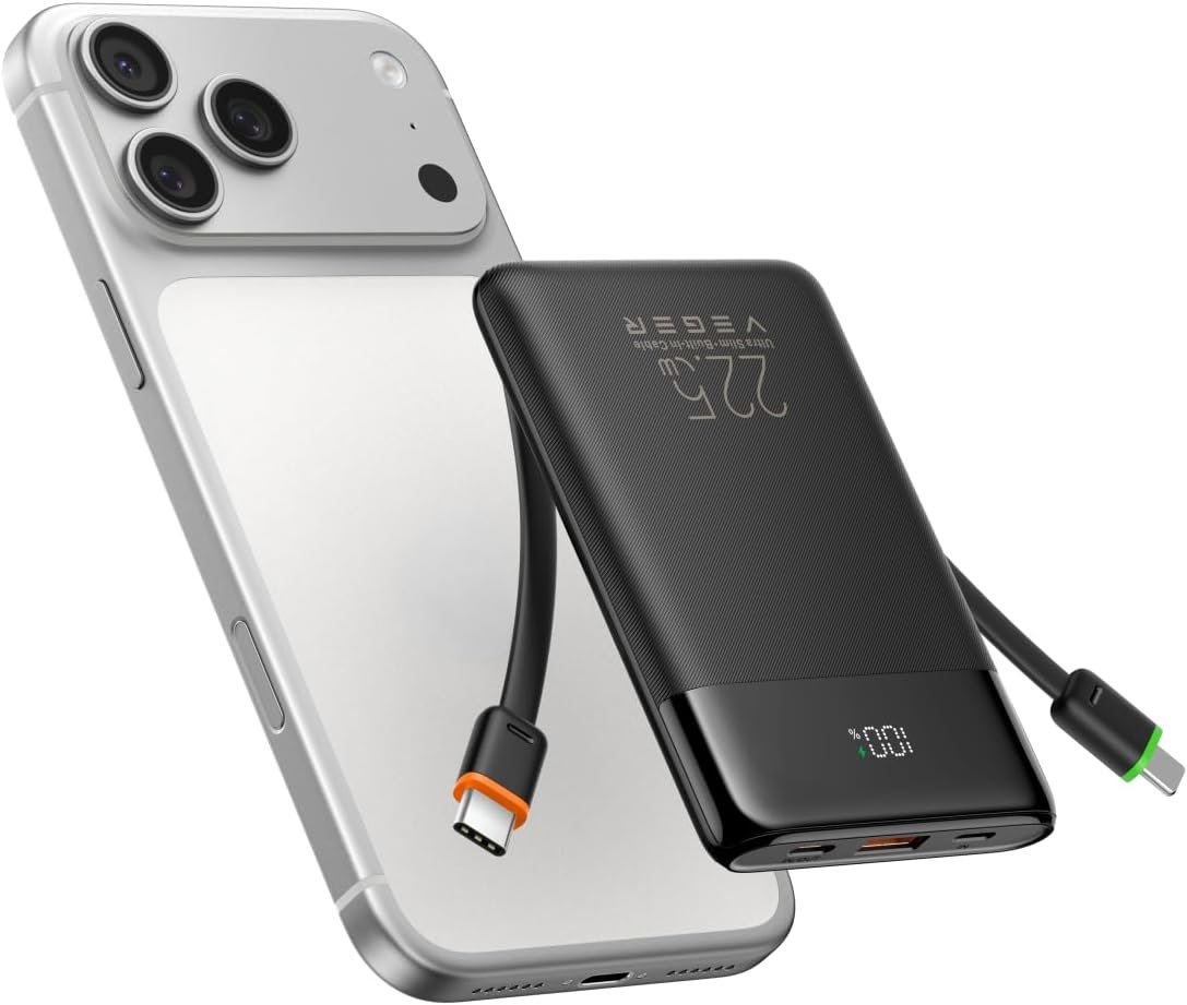 VEGER 10000mAh 22.5W Fast Charging Portable Charger with Built-in Cables