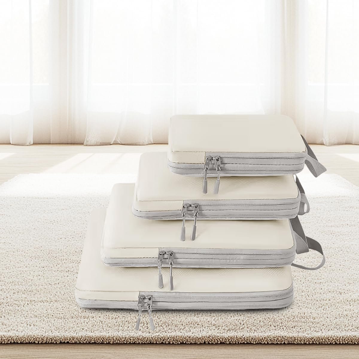 4PCS Compression Packing Cubes for Travel – Expandable Luggage Organizers, Waterproof Storage Bags for Valentine Gift, Beige