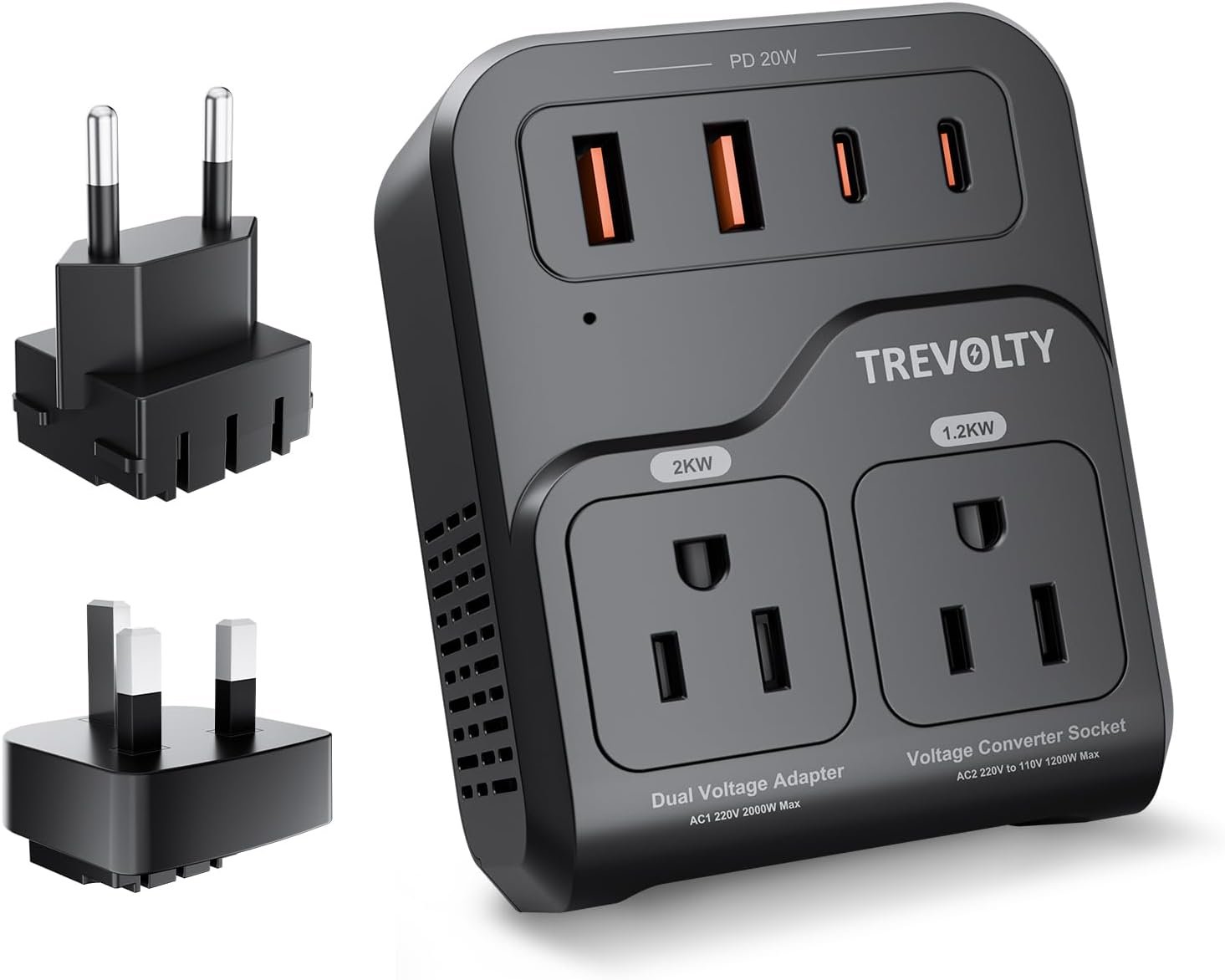 2000W Voltage Converter US to Europe, 220V to 110V Converter for European Travel with 3AC/2USB-A/2USB-C (PD20W), Power Converter Adapter Combo with Type C/G (Black)