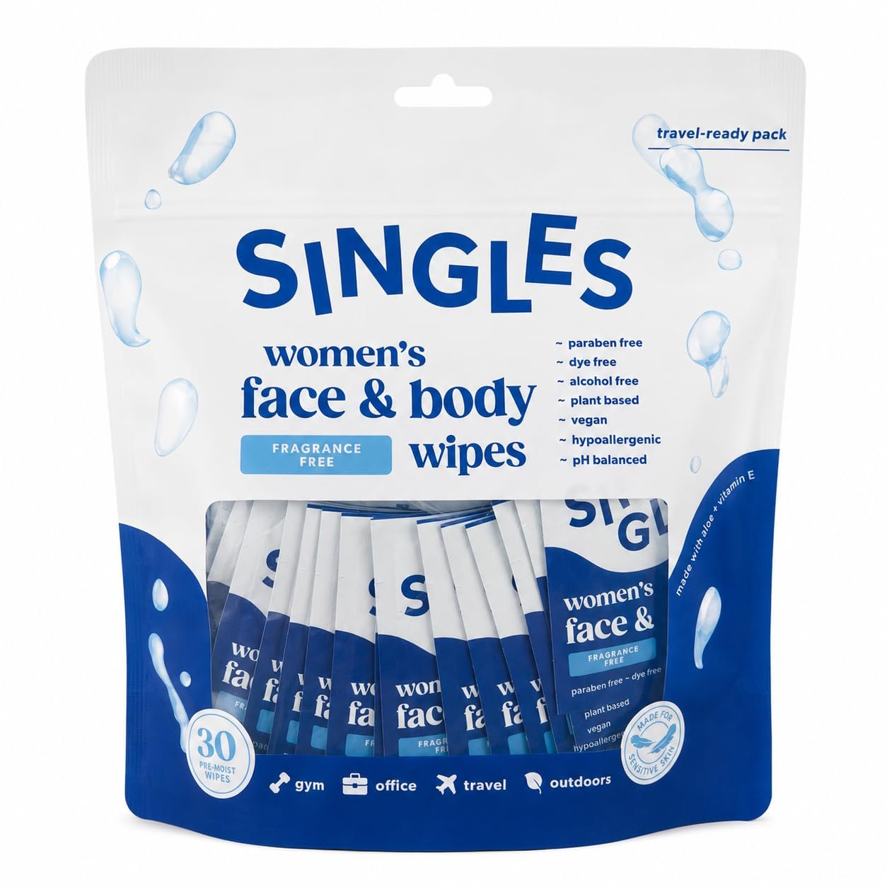 SINGLES WIPES, for Women’s Wipes, Face & Body fragrance free paraben free, dye free, alcohol free, plant based, vegan, hypoallergenic, pH balance, Made For Sensite Skin, 30 Count (Aloe Vera)