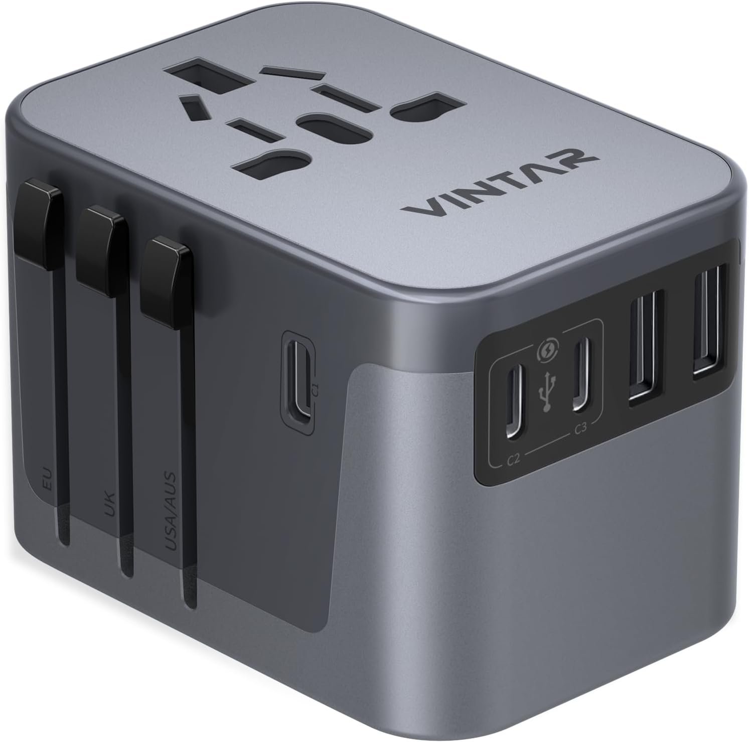 VINTAR Universal Travel Adapter 30W, 6-in-1 with 3 USB-C & 2 USB-A, Silver