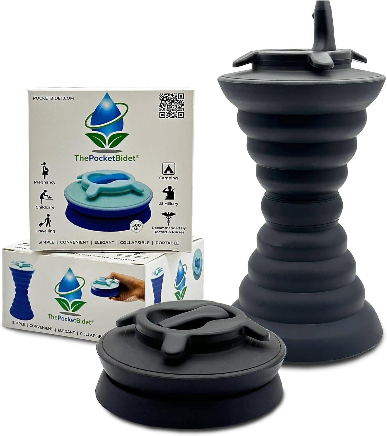 The Pocket Bidet®: Portable Travel Bidet with Collapsible & Ergonomic Design, Easy to Spray, Flying Saucer Bidet for Men, Pregnant Women, Camping, Outdoors, Fits in a Purse or Bag (Black, 500 ml)