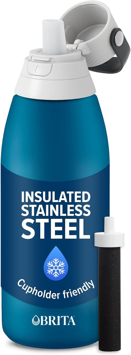 Brita Stainless Steel Premium Filtering Water Bottle, BPA-Free, Reusable, Insulated, Replaces 300 Plastic Water Bottles, Filter Lasts 2 Months or 40 Gallons, Includes 1 Filter, Marina – 32 oz