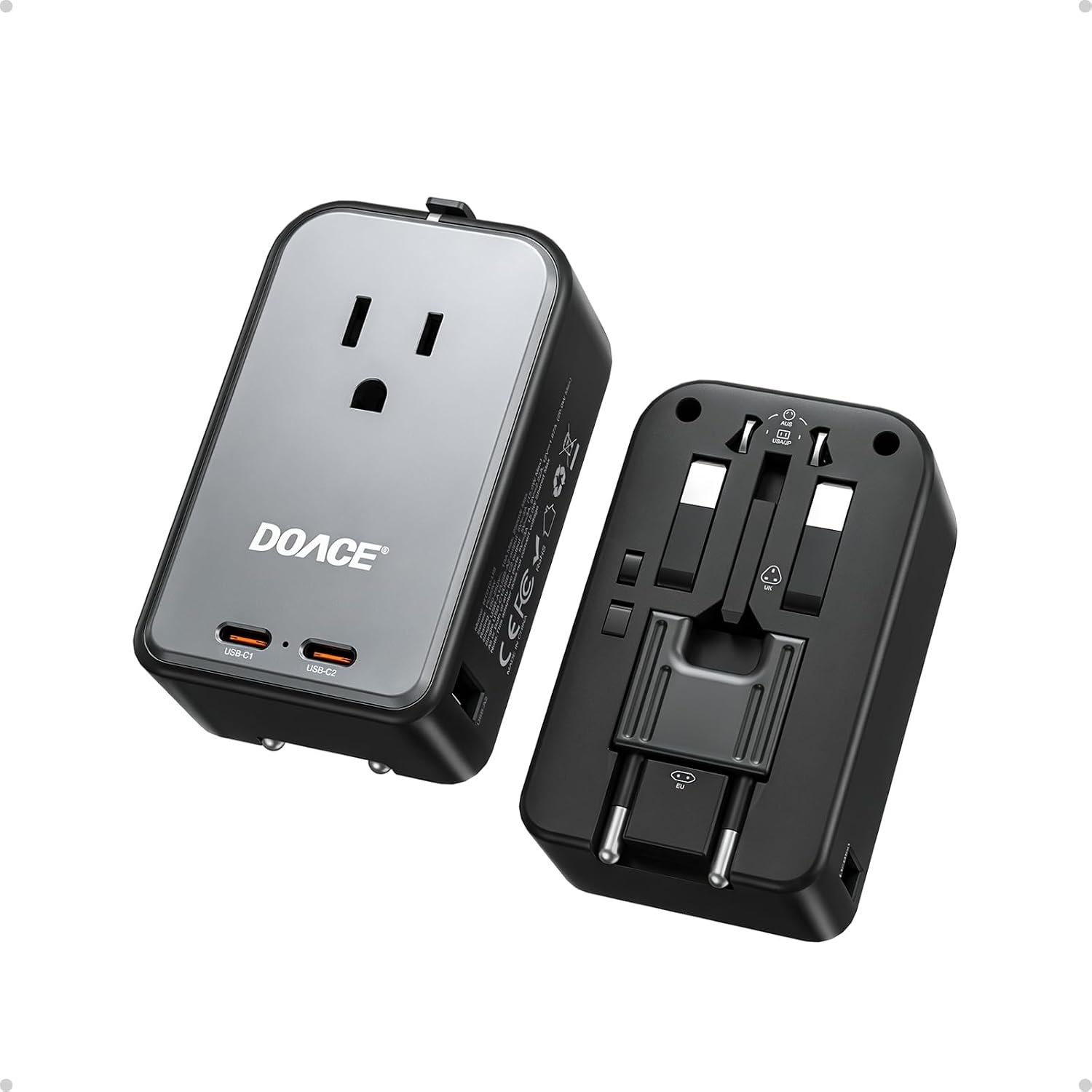 DOACE Pico 20W Travel Adapter, 5-Port Universal Power Adapter 1 AC, 2 USB C and 2 USB-A, International Plug Adaptor Worldwide for US to European UK Italy Spain New Zealand Over 200 Countries