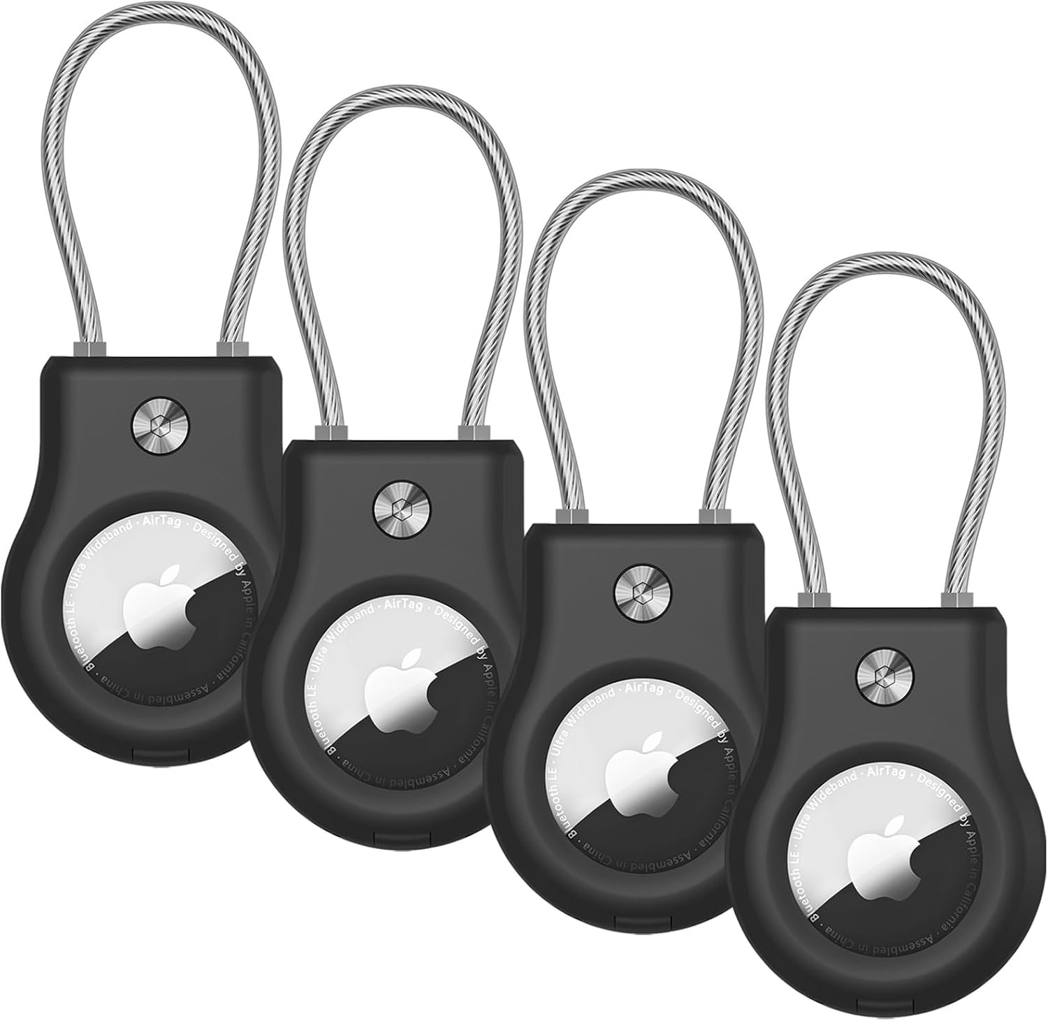AirTag Holder 4 Pack – Air tag Lock Case with Wire Cable Compatible with Apple AirTags, Ultra Durable Anti-Lost Protective Case with Keyring for Luggage, Key, Backpack, Pet（Black）