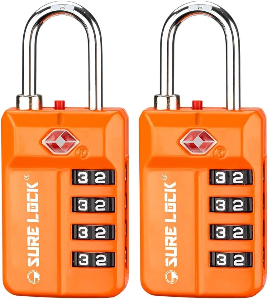 SURE LOCK TSA Approved 4-Digit Resettable Combination Luggage Locks with Open Alert, Easy-Read Dials – for Luggage, School Lockers, Gym, Office, Toolbox & Security Cases (Orange 2 Pack)