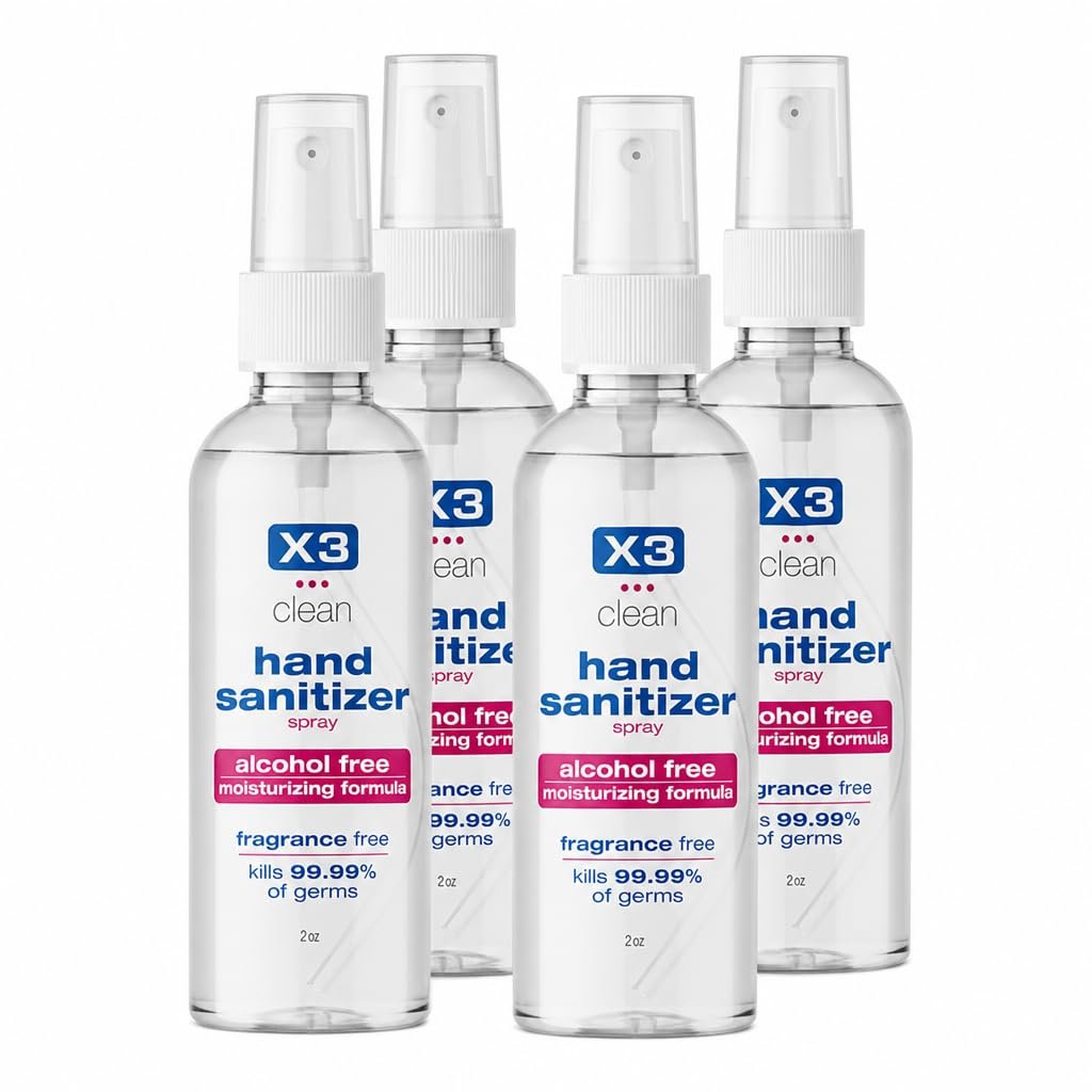 X3 Clean Hand Sanitizer Spray, Alcohol Free, Fragrance Free, Kills 99.9% of Bacteria, Travel Size 2 oz (Pack of 4)