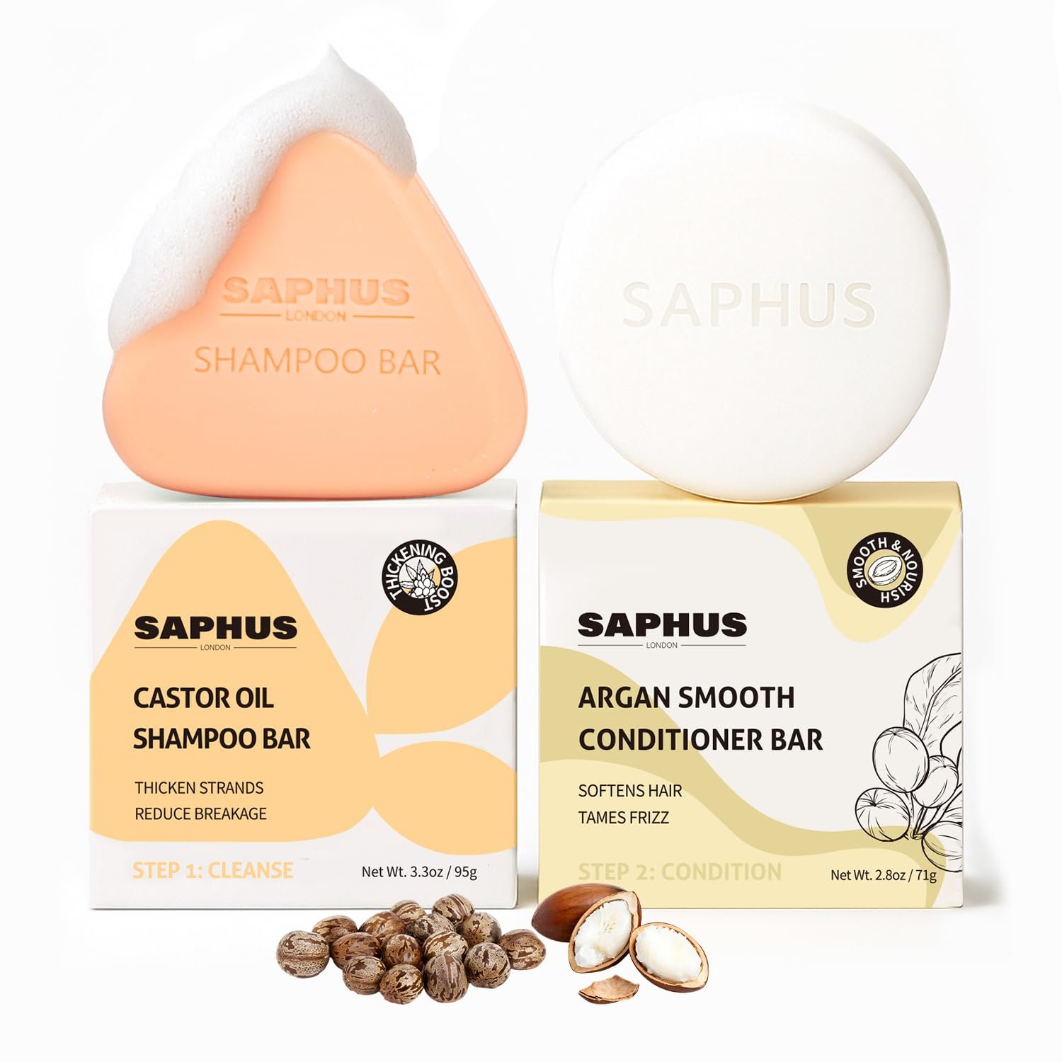 Castor Oil Shampoo Bar & Argan Conditioner Bar Set – Strengthening & Thickening Solid Hair Care Duo for Breakage-Prone Hair – Natural Growth Support, Scalp Cleanse & Frizz Control, Travel Size