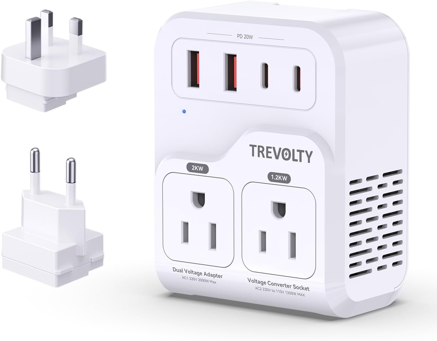 2000W Voltage Converter US to Europe for Hair Dryers, 7-in-1 220V to 110V Converter for European Travel with 3 AC/2 USBA/2 USBC Ports (PD20W), Universal Travel Adapter with Type G C Plugs