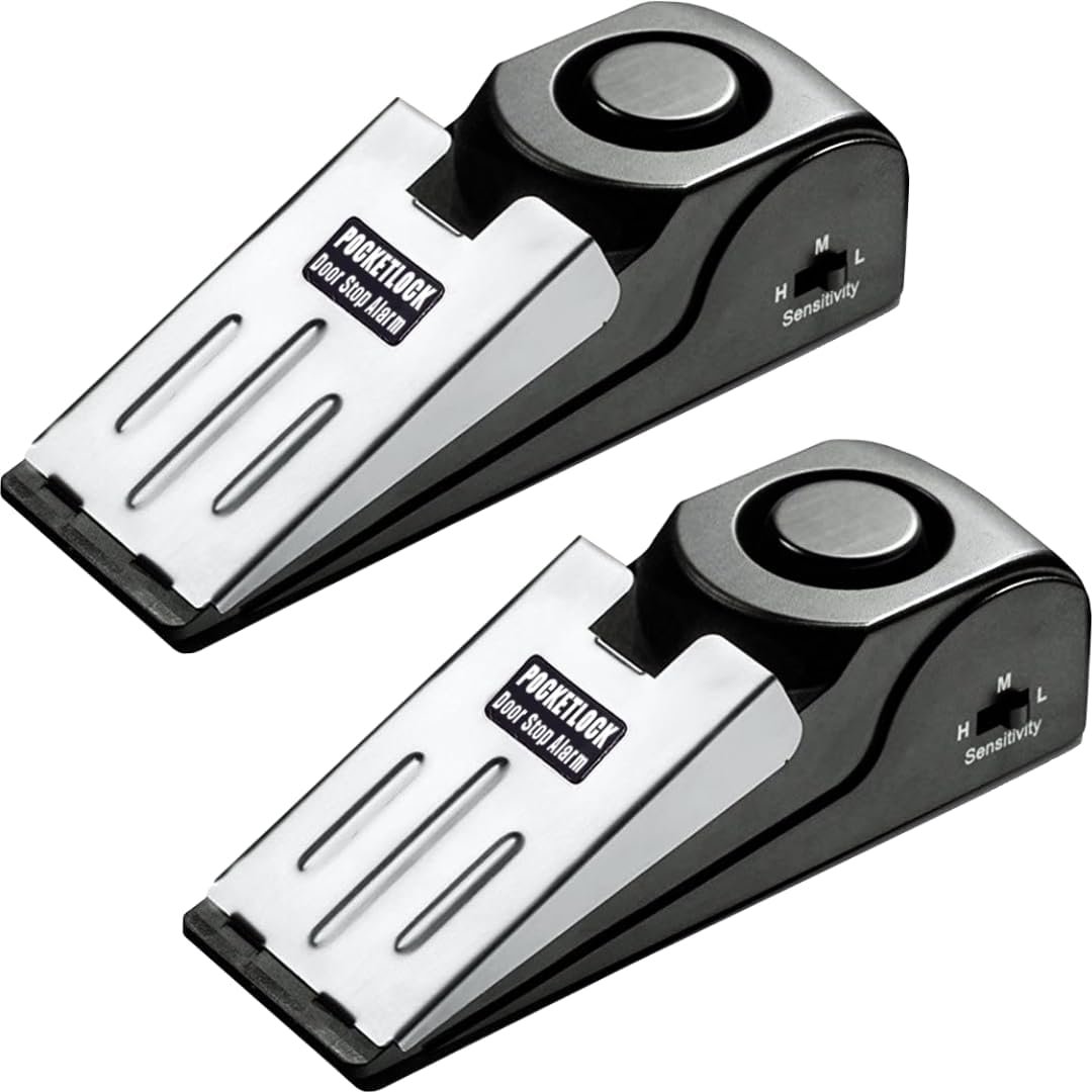 Door Stop Alarm with 120 dB Siren – Portable Travel Door Stopper Alarm Wedge for Hotel, Apartment & Dorm Security – Battery-Operated, Black, 2-Pack