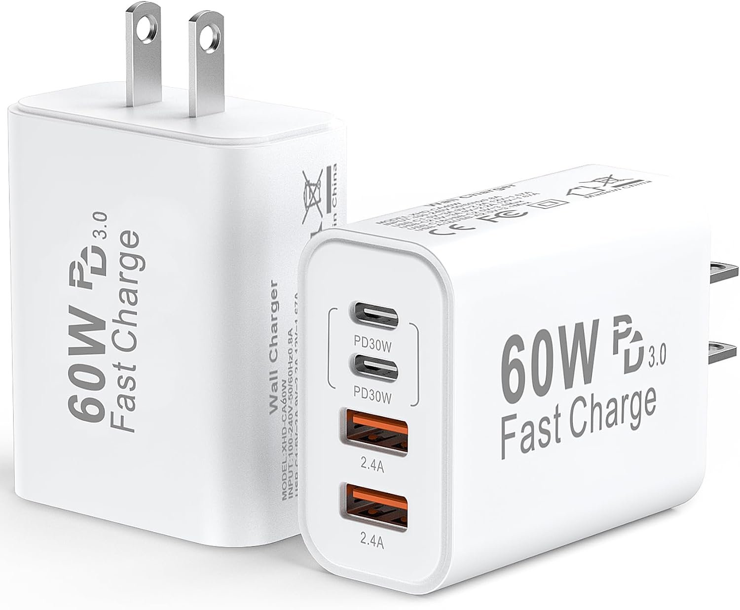 USB C Wall Fast Charger Block, 60W 4-Port Type C Charger Fast Charging Blocks +QC 3.0 USB C Multiport Charger Brick for Phone 16/15/14/13/12 Pro Max, Pad, Galaxy S24/23