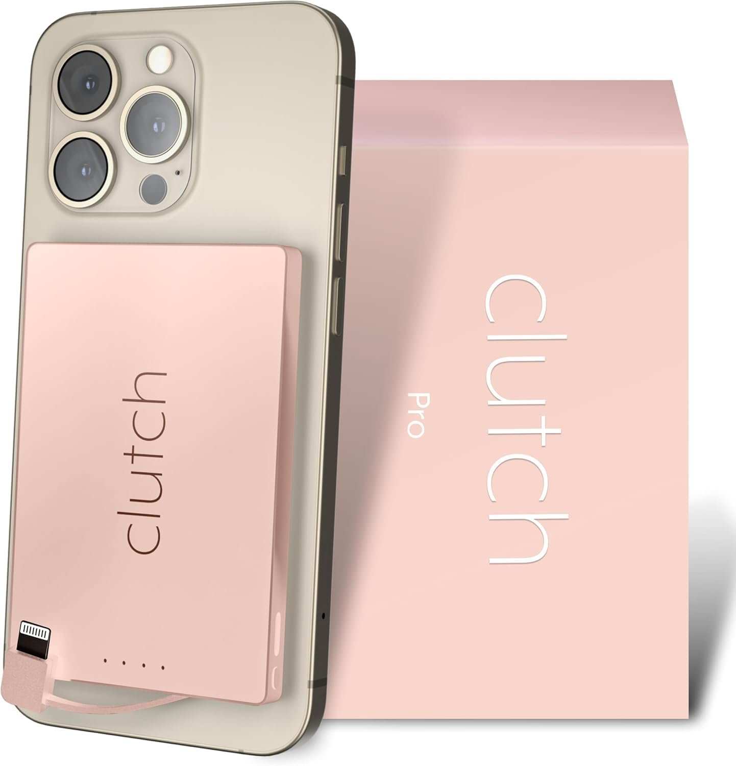 Clutch Pro – World’s Thinnest iPhone Charger – Portable Power Bank 5000mAh – Magnetic Built-in Lightning Cable – TSA Approved Travel Charger – iPhone 14 & Earlier – Pink