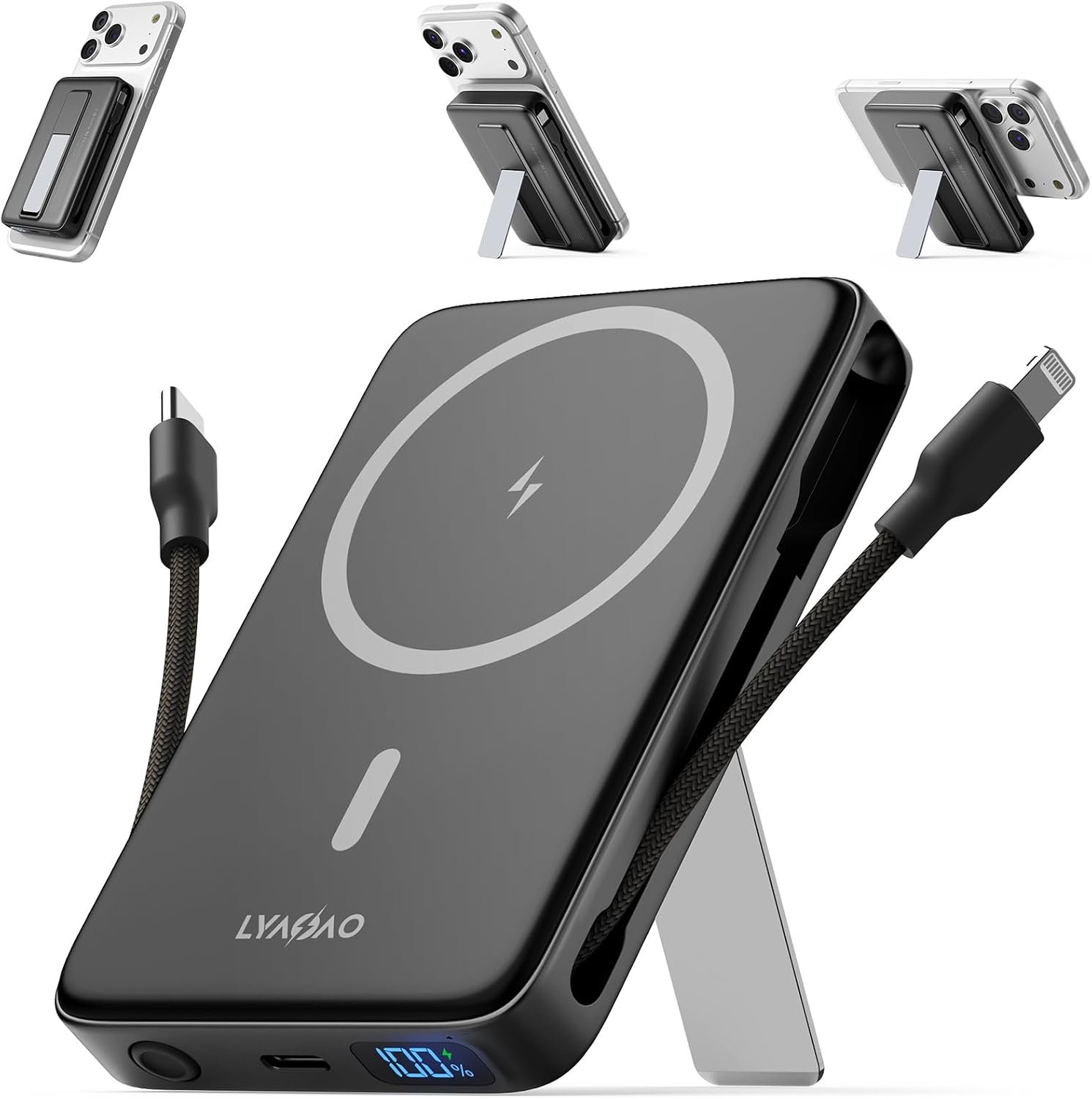 Magnetic Portable Charger 10000mAh, 22.5W Power Bank with Built in Cable