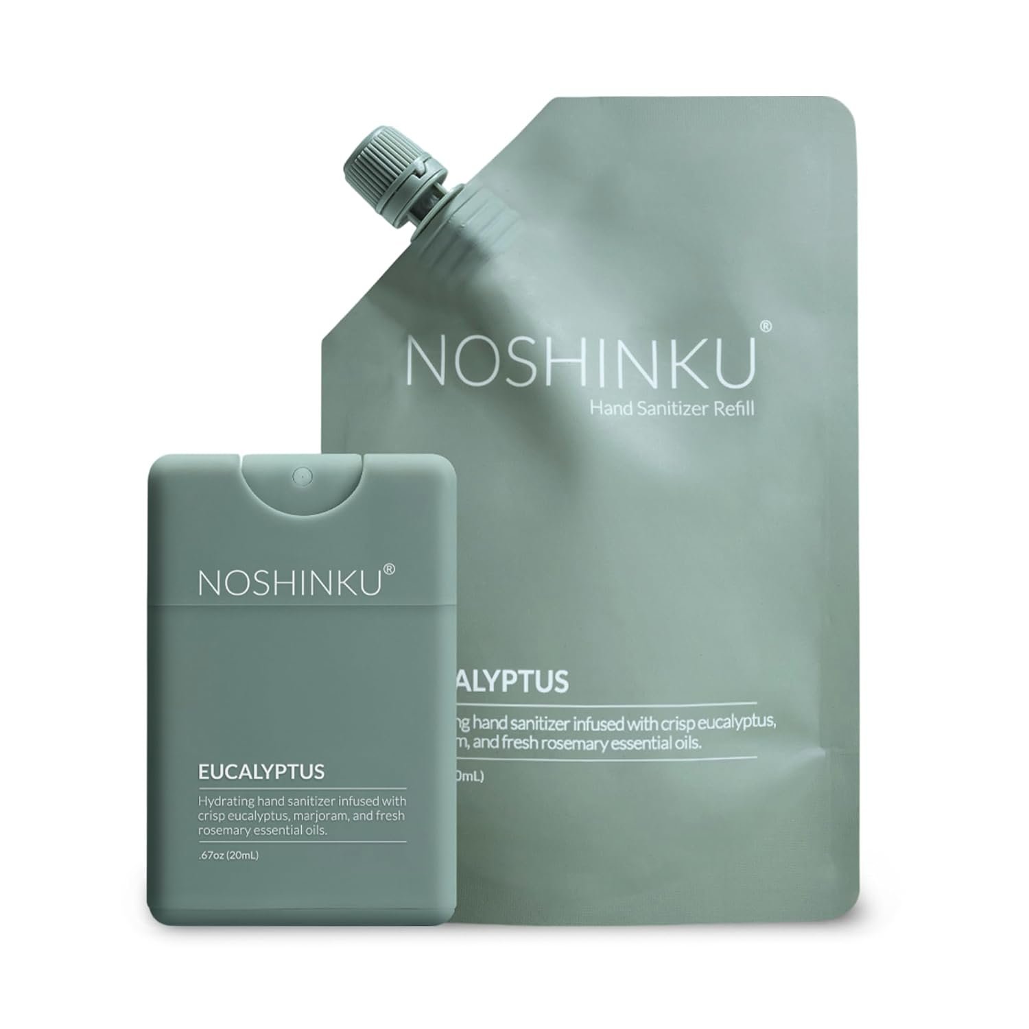 Noshinku Eucalyptus Pocket Hand Sanitizer Refill Kit: Refill Pouch + Sprayer Bundle | Organic Antibacterial Sanitizing Mist with Moisturizing Oils | FDA Registered | 70% Sugarcane Derived Alcohol