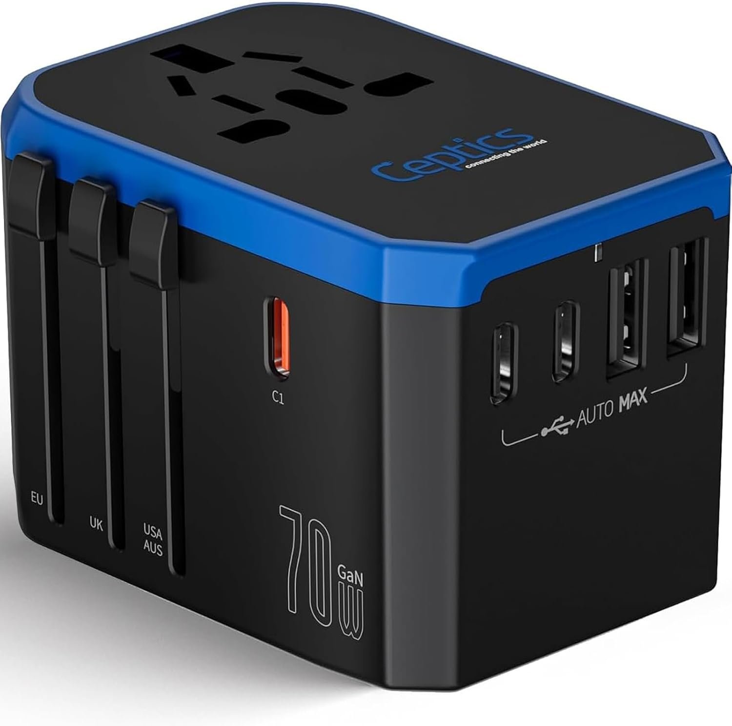 Ceptics 70W GAN Universal Travel Adapter, 2 USB-A, 3 USB-C, Universal Input