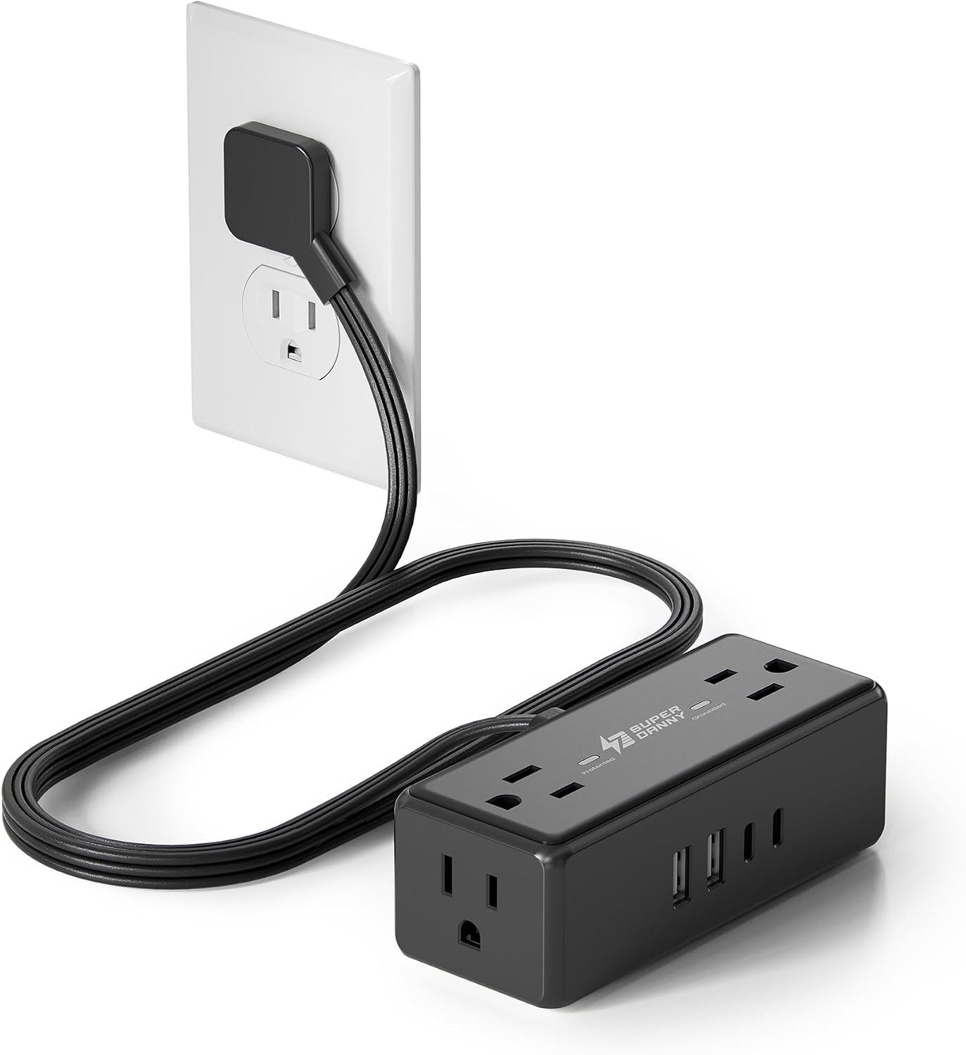 Short Extension Cord 3Ft, SUPERDANNY Flat Plug Surge Protector Power Strip
