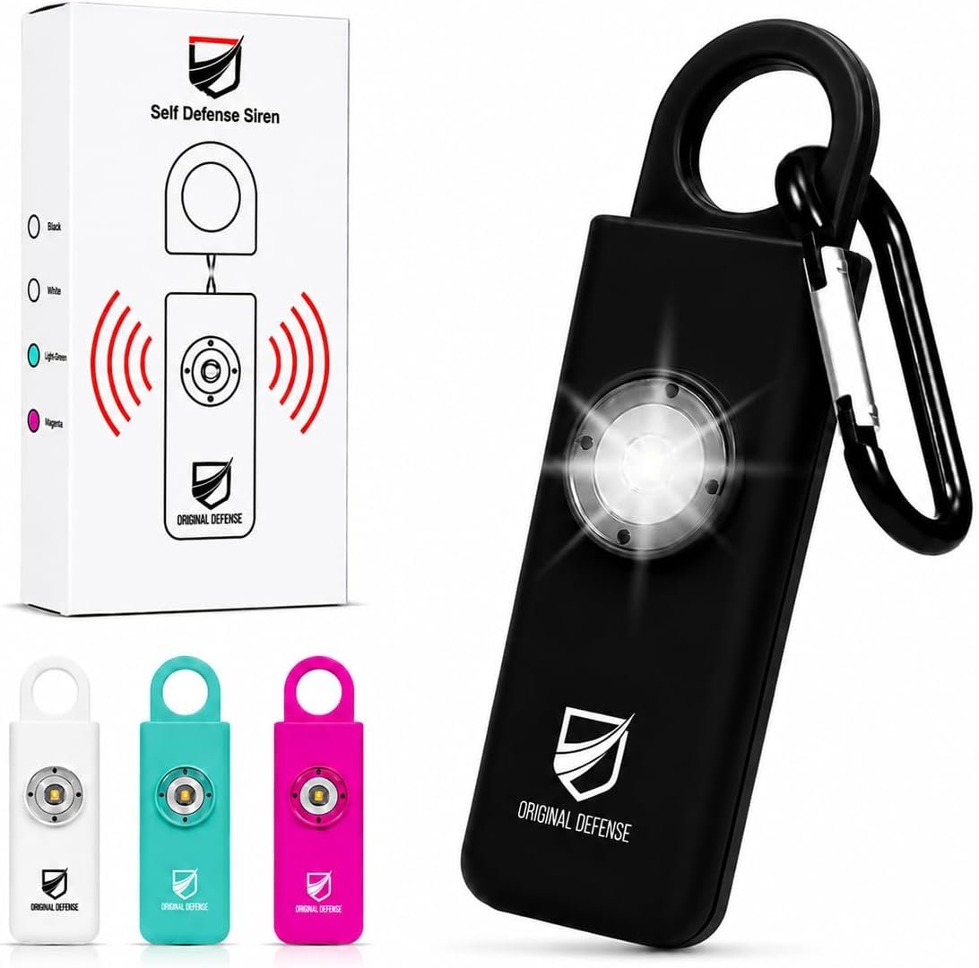 Original Defense® Siren Self-Defense Alarm – 130 dB Keychain Alarm with LED Strobe Light for Women, Children, and Elderly – Police Recommended – (Black, 1 Count)