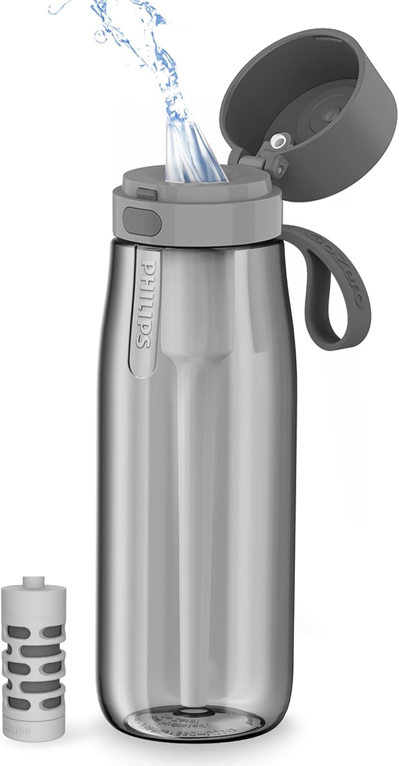 PHILIPS Filtered Water Bottle, BPA-Free Tritan, Travel Portable 22oz Grey
