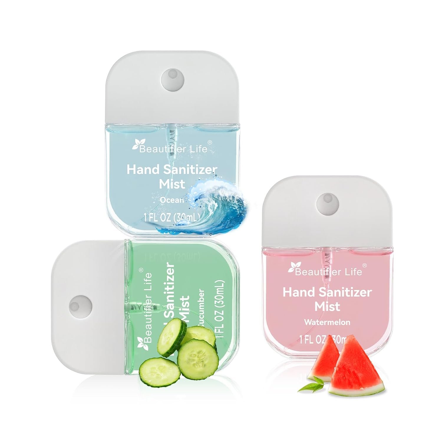 Beautifier Life Mini Portable Hand Sanitizer Spray (3-Pack) – Pocket-Sized 1 Fl Oz Travel, Ultra-Soothing 70% Alcohol Formula, Power Mist, No-Rinse Fast-Dry – Ocean Watermelon Cucumber