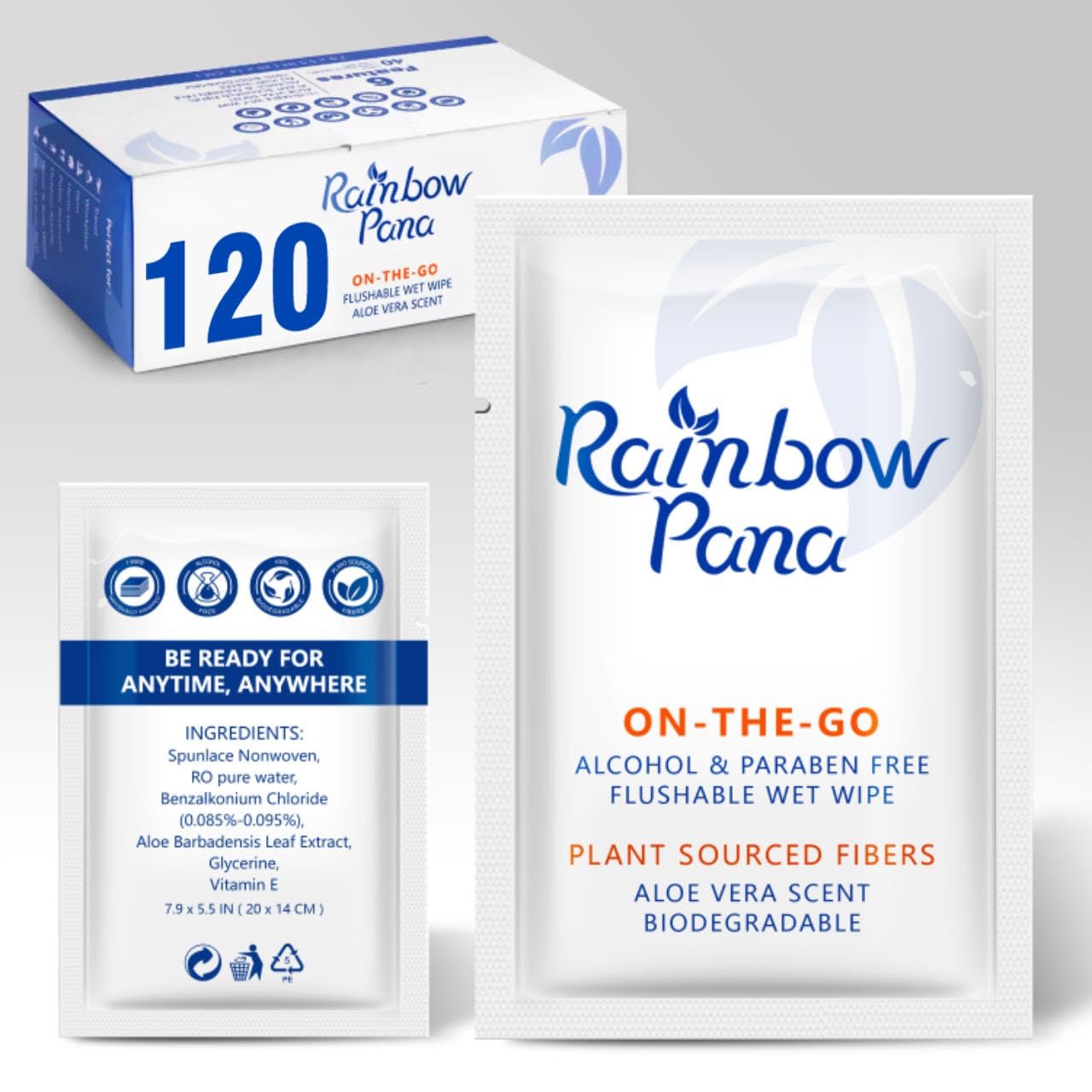 RainbowPana Flushable Wipes – 120 Count, ON-THE-GO Individually Wrapped – Travel Butt Wipes for Men and Women, Family – Infused with Vitamin E and Natural Aloe, pH Balanced, Paraben/Fragrance/Alcohol Free, 100% Plant Sourced Fibers – Cleanse and Moisturize Sensitive Skin – Upgrade Your Bathroom Experience with Biodegradable Wet Wipes