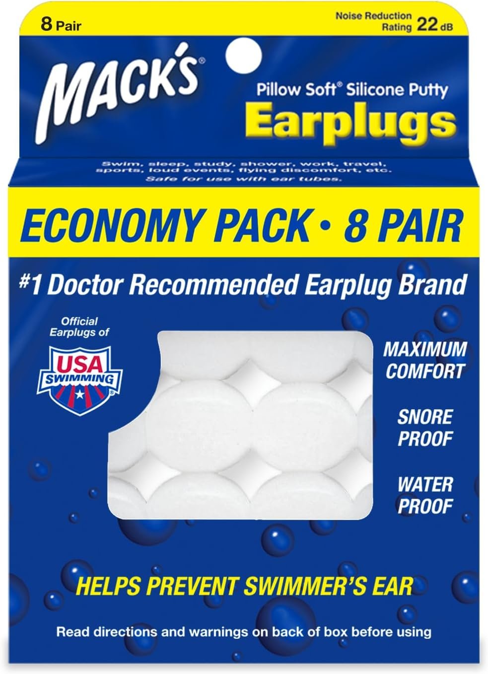 Mack’s Pillow Soft Silicone Earplugs, 8 Pair – The Original Moldable Silicone Putty Ear Plugs for Sleeping, Snoring, Swimming, Travel, Concerts and Studying | Made in USA