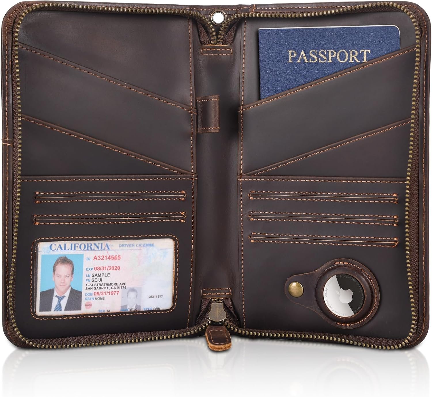 Polare Full Grain Leather Passport Holder Cover Case for Men and Women RFID Blocking Family Travel Wallet Holds 6 Passports (Dark Brown with AirTag Slot)