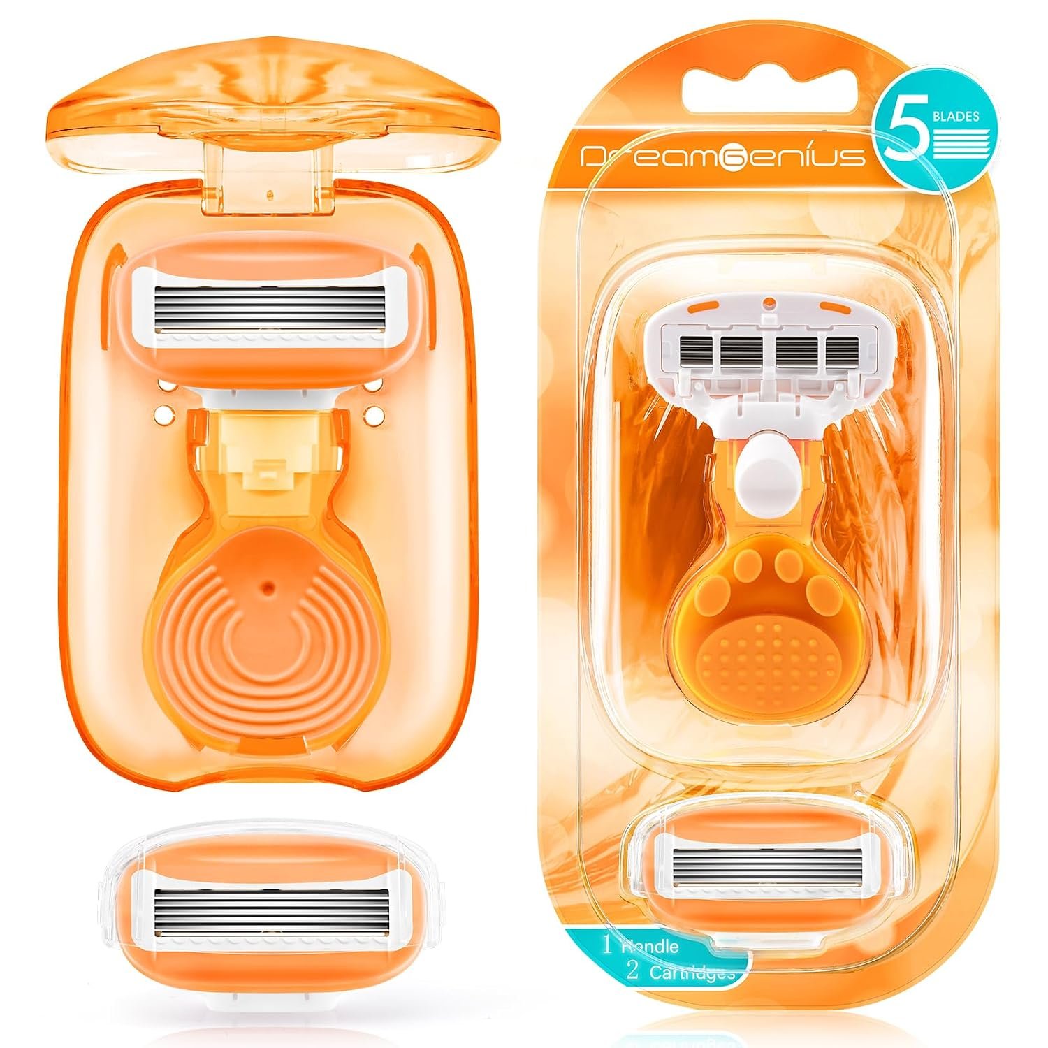 DreamGenius Travel Razors for Women Include 1 Handle 2 Cartridges, Orange