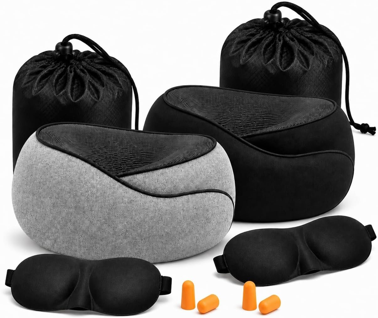 2 Pack Travel Neck Pillow Set, Pure Memory Foam Neck Pillow with Eye Mask Earplugs Storage Bag, Breathable 360 Degree Ergonomic Support, Compact Portable Plane Train Travel Essentials
