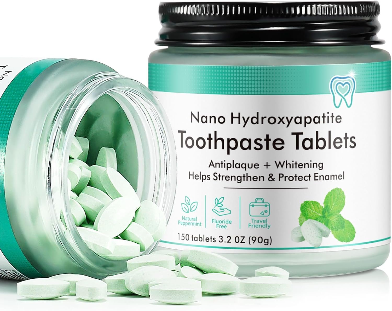 Toothpaste Tablets,150 Nano Hydroxyapatite Toothpaste Tablets, Chewable Xylitol Toothpaste Tablets, Fluoride-Free – Natural Whitening Remineralizing Travel-Friendly Eco Tabs, Peppermint