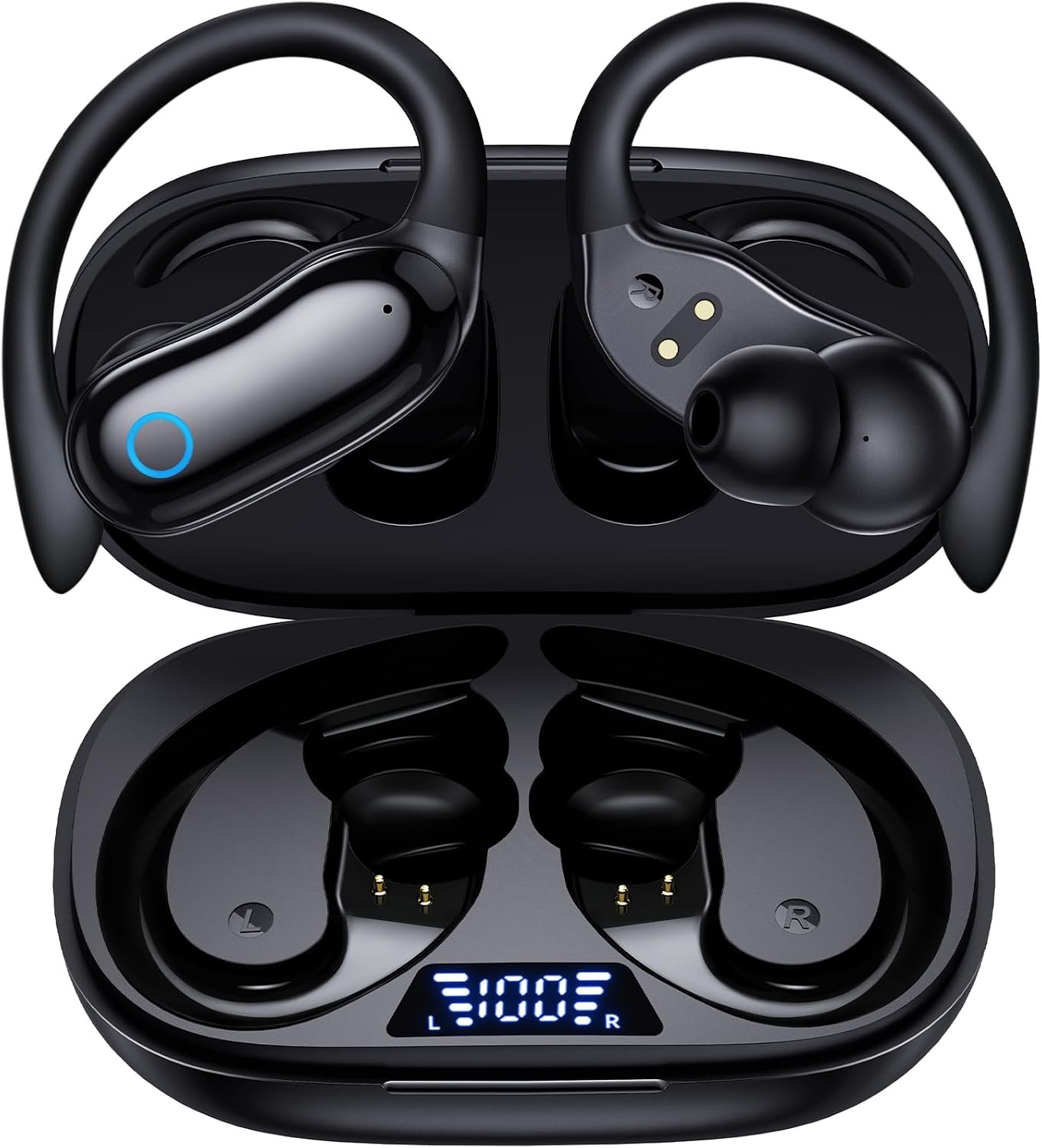 GNMN Active Noise Cancelling Ear Buds Wireless Earbuds 96hrs Playback Bluetooth Headphones Dual Battery Display Stereo Bass Earphones with Earhooks Microphone IPX7 Waterproof for Sports/Runing/Workout