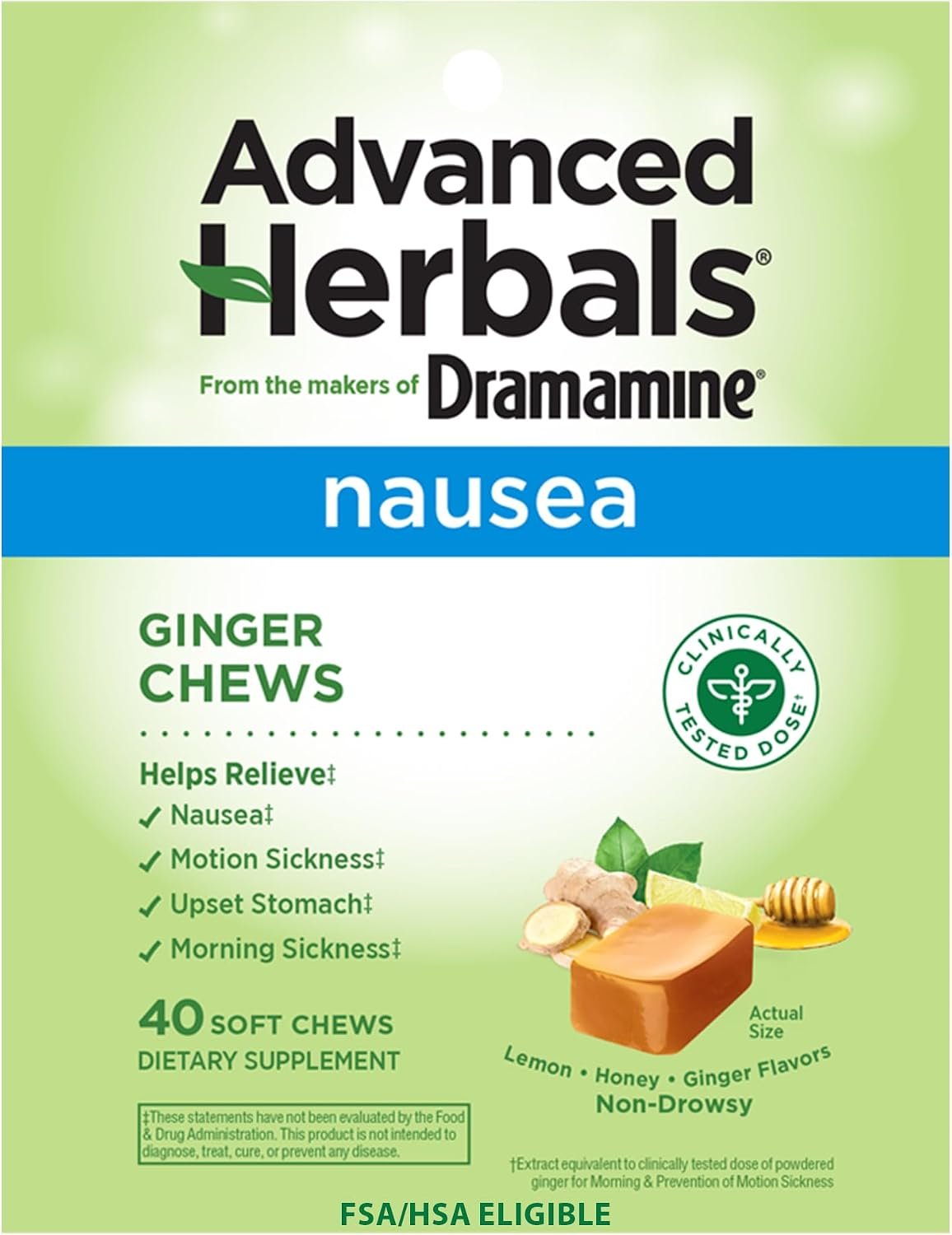 Dramamine Advanced Herbals Ginger Chews, Nausea Relief, Lemon-Honey, 40ct
