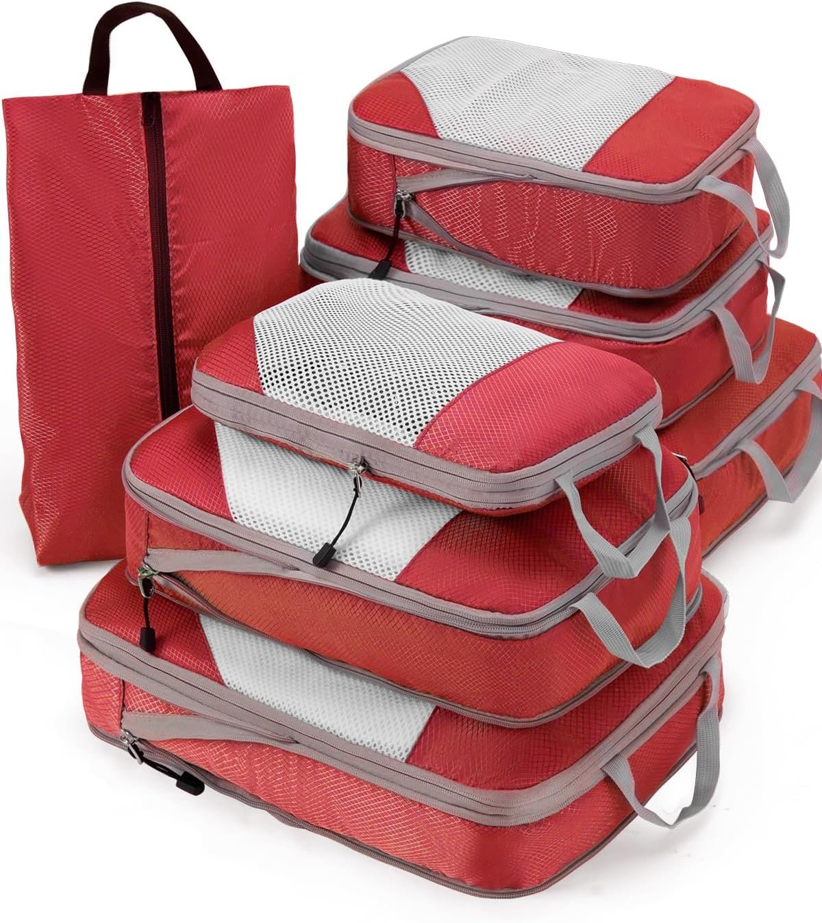 Meowoo 7 Set Compression Packing Cubes for Travel, Durable Ripstop Mesh Suitcase Organizer with Shoe Bag, Ultralight & Expandable Space Saver Travel Cubes