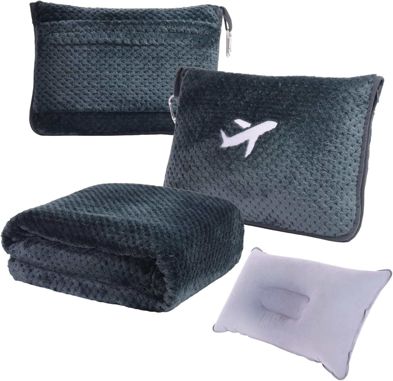 3 in 1 Travel Blanket Pillow Set – 350 GSM Thick Travel Blanket Airplane Compact with Bag, Soft Bag with a Pocket, Inflatable Travel Pillow for Camping & Car Trip (Dark Grey)